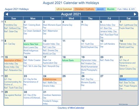 holidays in august 2021.